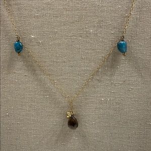 Gold necklace - teal and brown gem stones